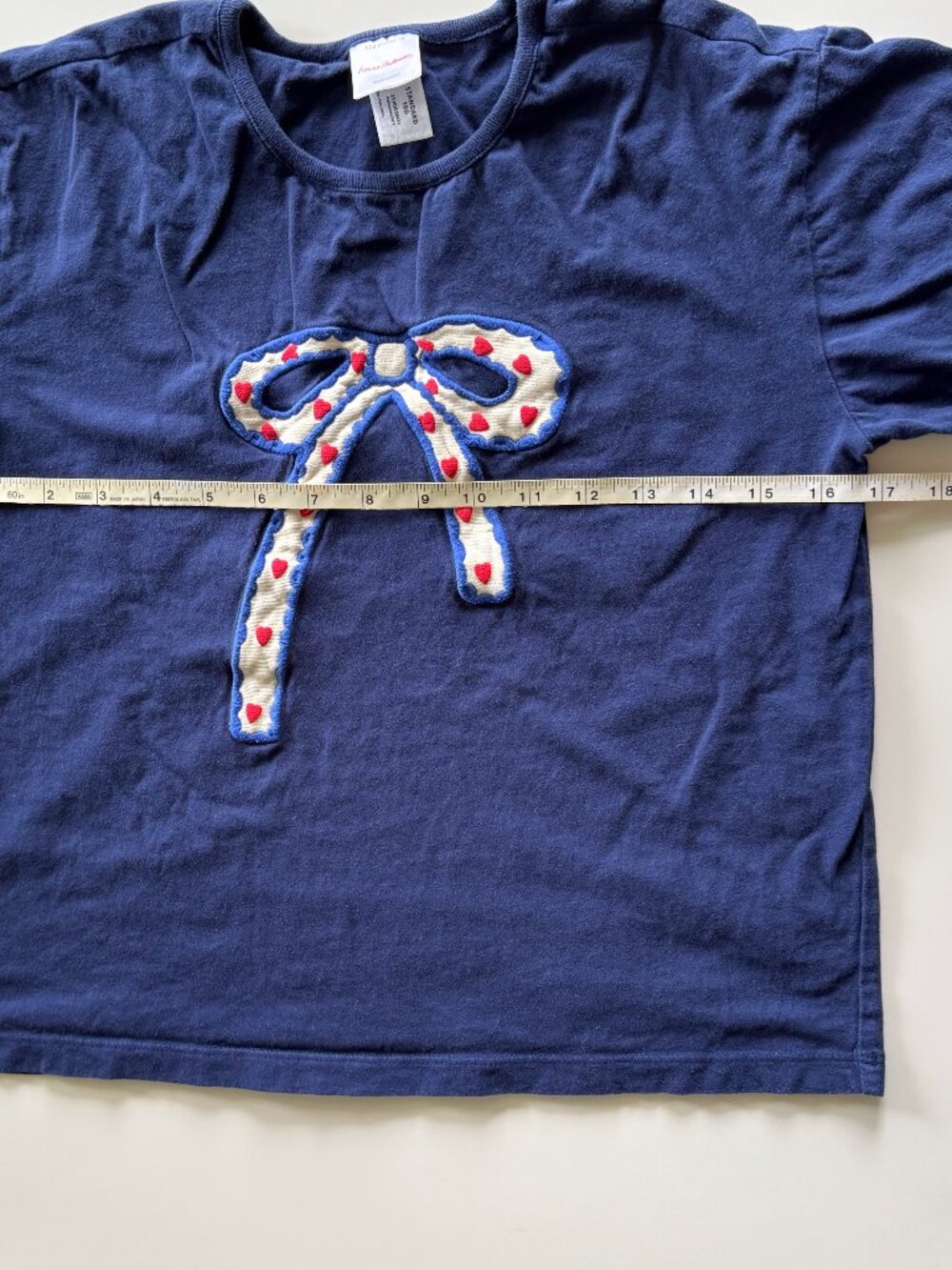 Hanna Andersson Navy Puff Sleeve Bow Top Hearts Appliqué Cotton Size 150 US 12